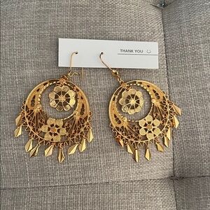 BohoBollywood Glam Gold Floral Dangle Earrings